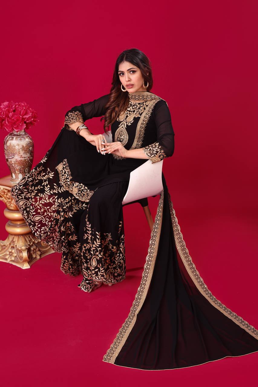 Blooming Faux Georgette Embroidered Black Co-Ord Set with Plazzo and Dupatta – Ready-to-Wear Ethnic Outfit for Women