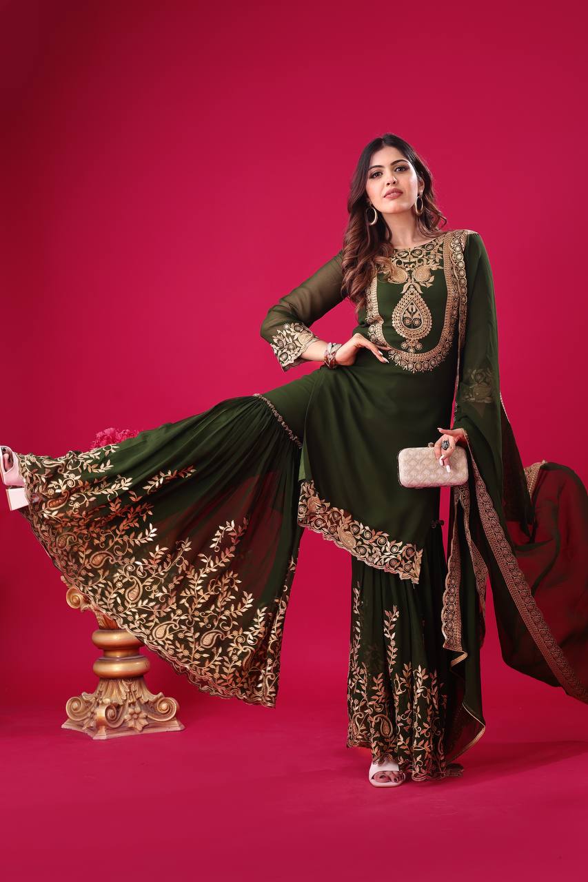 Blooming Faux Georgette Embroidered Green Co-Ord Set with Plazzo and Dupatta – Ready-to-Wear Ethnic Outfit for Women