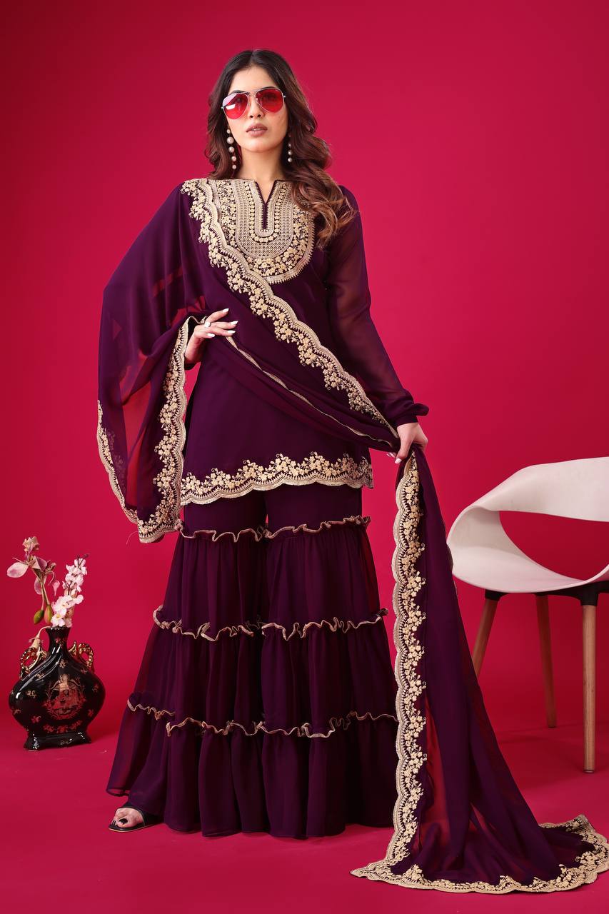 Blooming Faux Georgette Embroidered Co-Ord Set with Plazzo and Dupatta – Ready-to-Wear Indian Outfit for Women