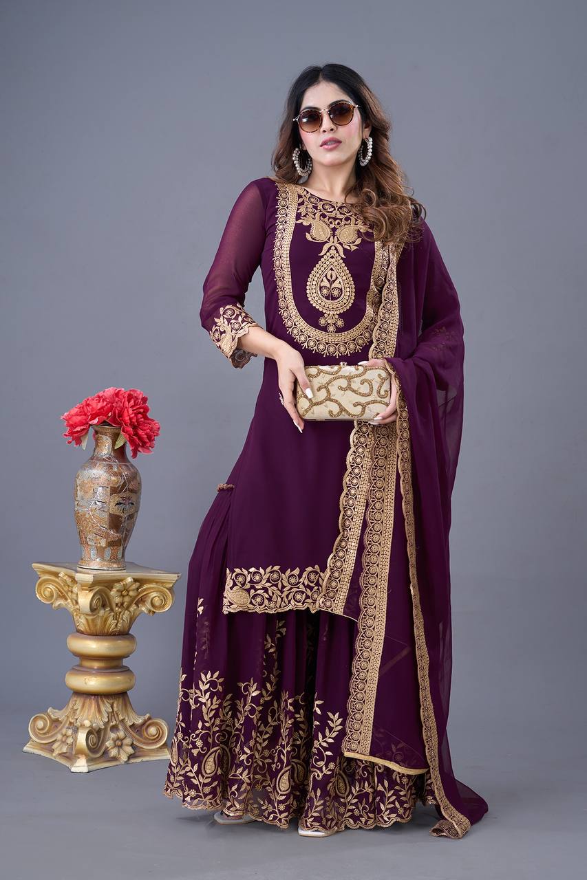 Blooming Faux Georgette Embroidered Purple Co-Ord Set with Plazzo and Dupatta – Ready-to-Wear Ethnic Outfit for Women