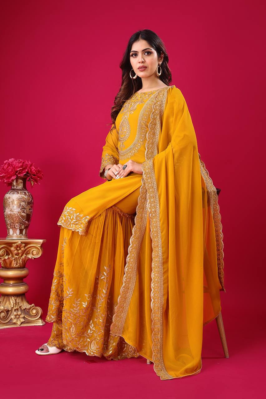 Blooming Faux Georgette Embroidered Yellow Co-Ord Set with Plazzo and Dupatta – Ready-to-Wear Ethnic Outfit for Women