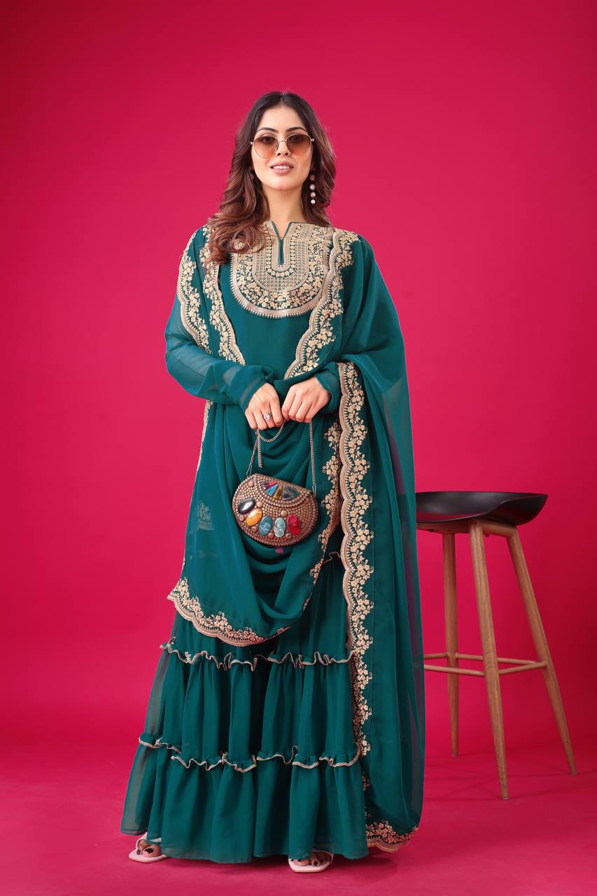 Blooming Faux Georgette Embroidered Co-Ord Set with Plazzo and Dupatta – Fully Stitched Ethnic Outfit for Women