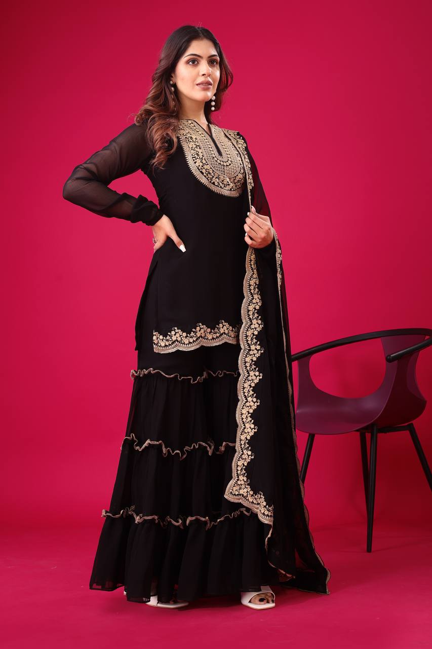Blooming Faux Georgette Embroidered Co-Ord Set with Plazzo and Dupatta – Fully Stitched Ethnic Outfit for Women