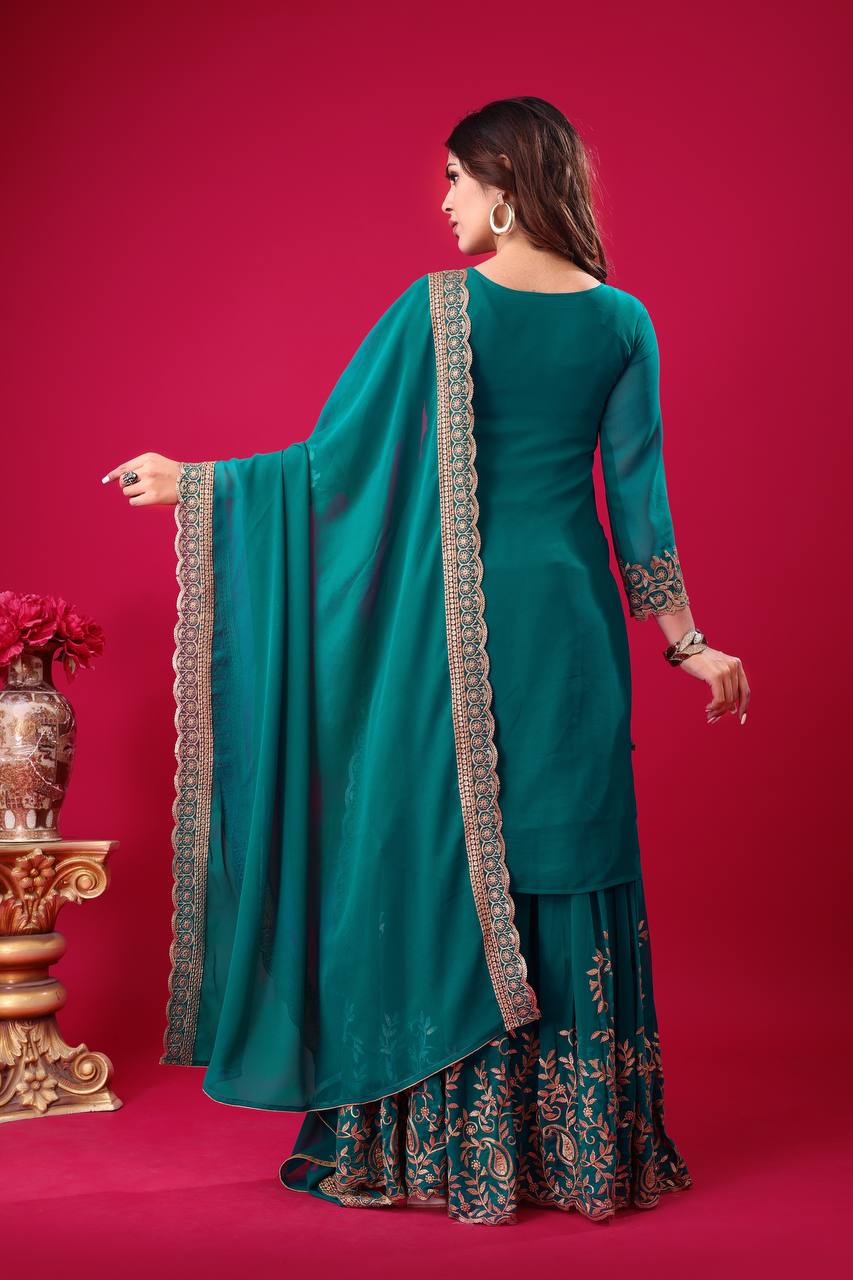 Blooming Faux Georgette Embroidered Bottle Green Co-Ord Set with Plazzo and Dupatta – Ready-to-Wear Ethnic Outfit for Women