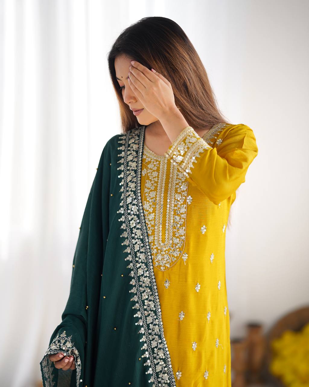 Chinnon Silk Heavy Embroidered Yellow Suit Set with Dupatta – Fully Stitched Ready to Wear