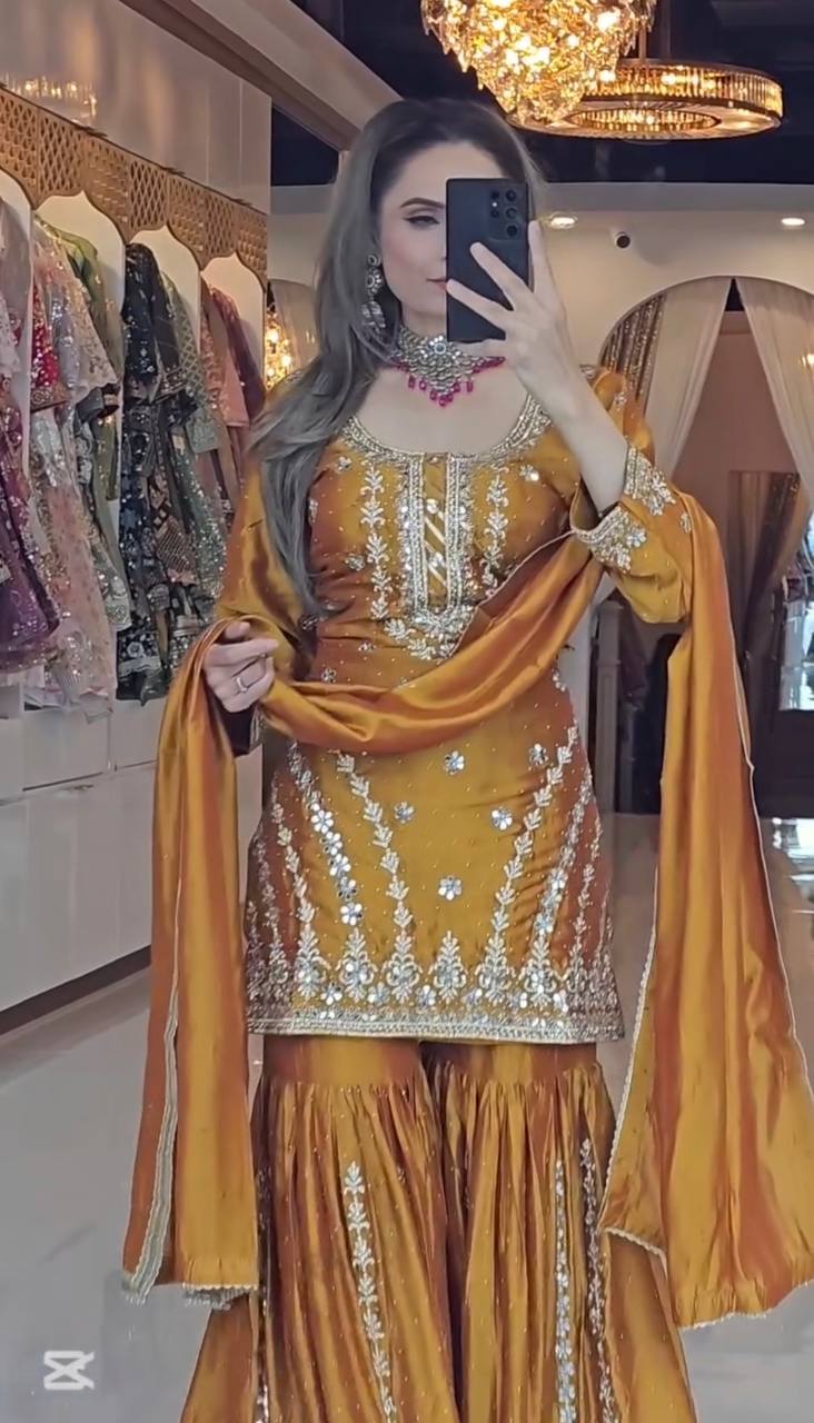 Heavy Faux Georgette Embroidered Gharara Set with Dupatta – Fully Stitched Ready to Wear