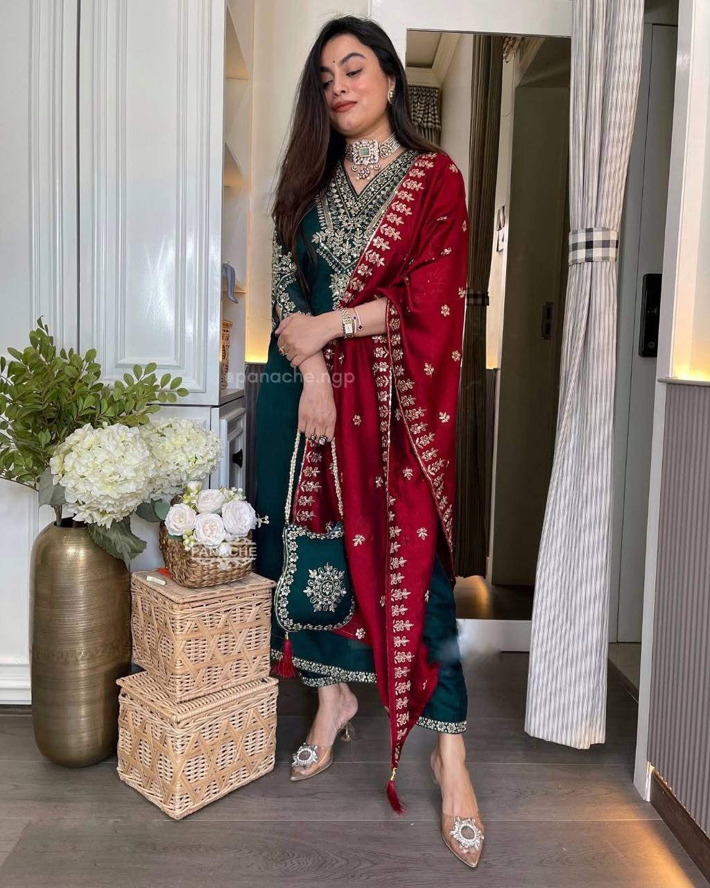 Chinnon Silk Embroidered Suit Set with Dupatta – Fully Stitched Ready to Wear