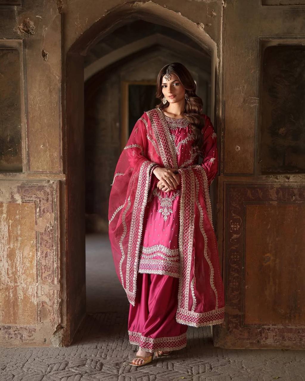 Heavy Chinnon Silk Embroidered Pink Sharara Suit with Dupatta – Fully Stitched Festive Wear for Women