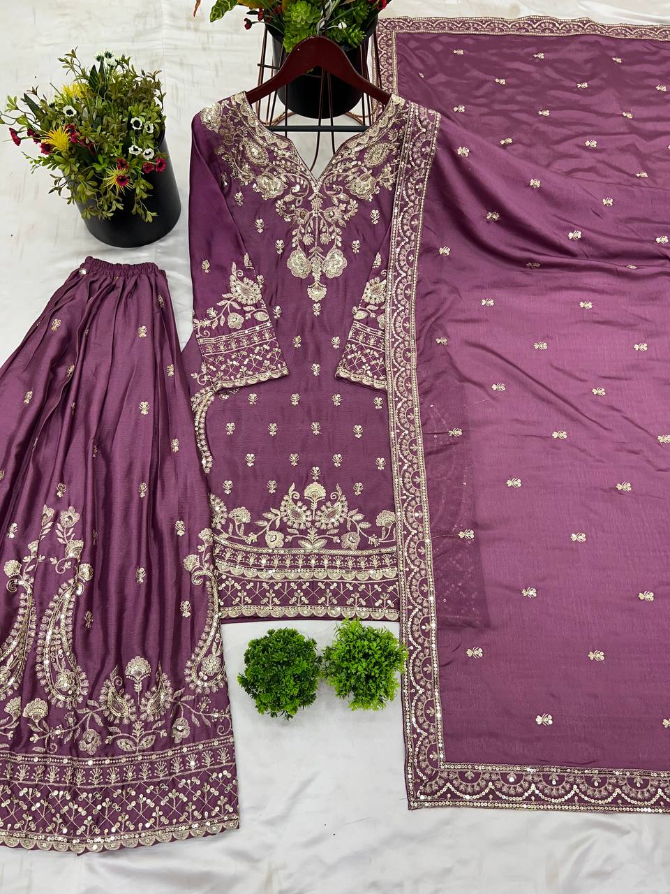 Heavy Chinnon Silk Embroidered Pink Sharara Set with Dupatta – Fully Stitched Ethnic Wear for Women