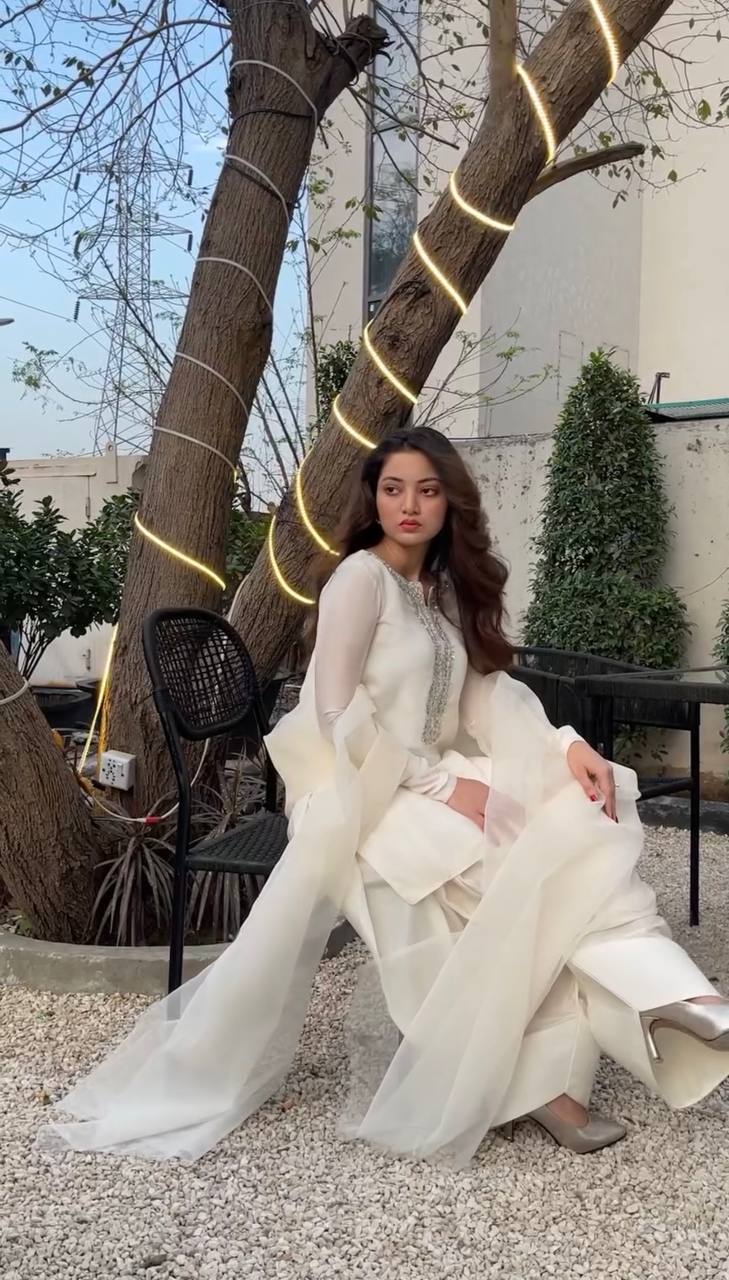 Faux Georgette Embroidered White Suit with Farshi Pant and Dupatta – Fully Stitched Handwork Ethnic Set