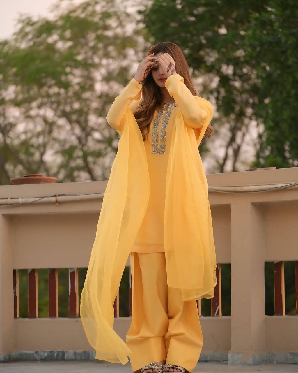 Faux Georgette Embroidered Yellow Suit with Farshi Pant and Dupatta – Fully Stitched Handwork Ethnic Set