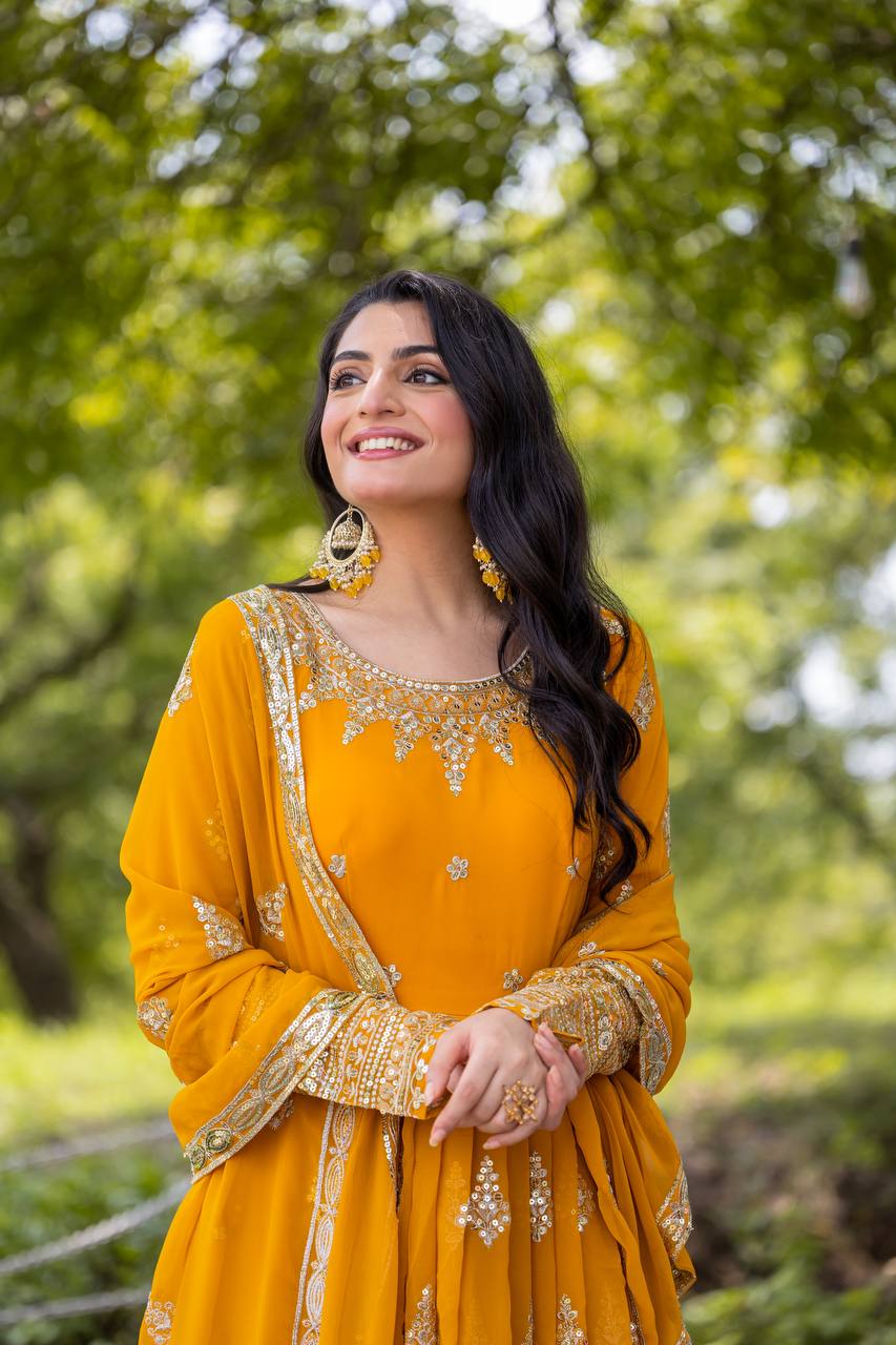 Faux Georgette Embroidered Gown Set with Dupatta – Fully Stitched Designer Ethnic Wear for Women