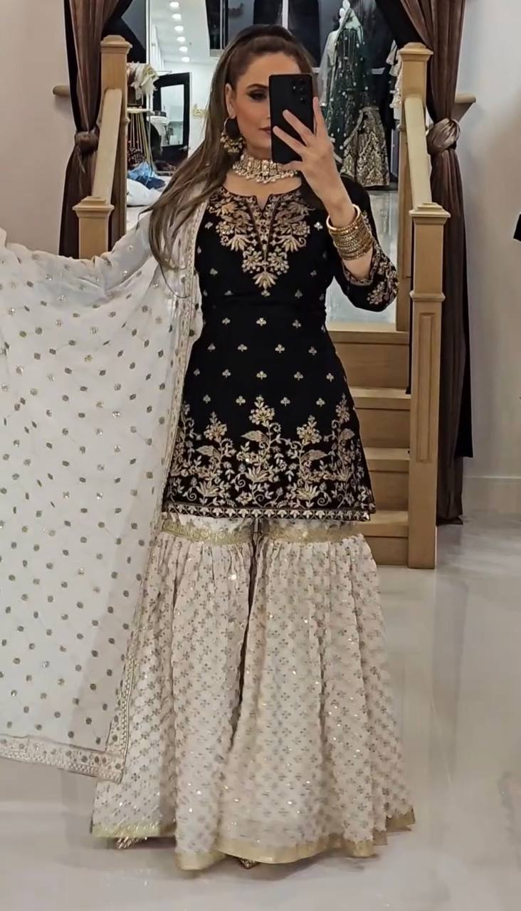 Heavy Faux Georgette Sharara Suit Set with Dupatta – Fully Stitched Embroidered Ethnic Wear for Women