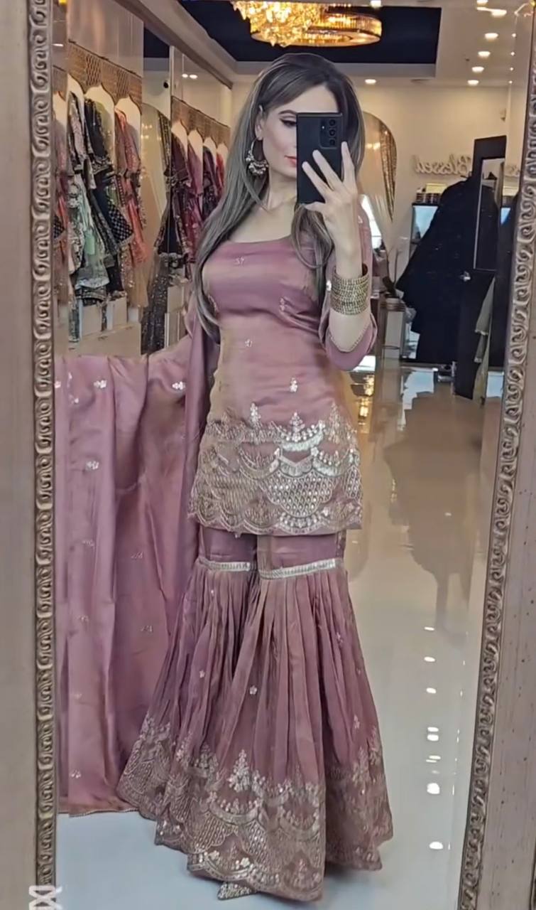 Designer Heavy Chinon Silk Sharara Suit with Embroidery Sequence Work and Dupatta – Fully Stitched Partywear Set
