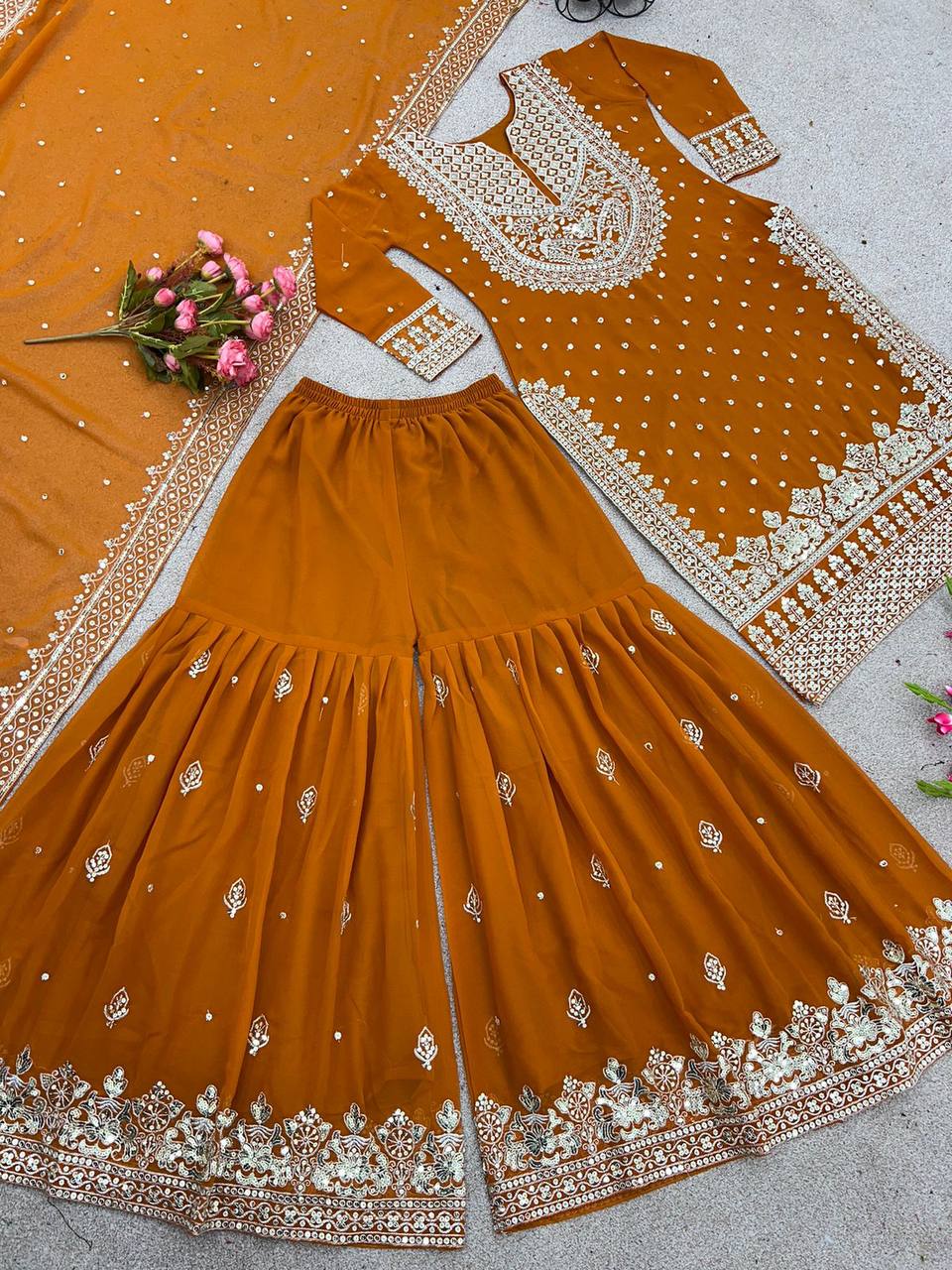 Heavy Faux Georgette Embroidered Yellow Gharara Set with Dupatta – Fully Stitched Ethnic Partywear for Women