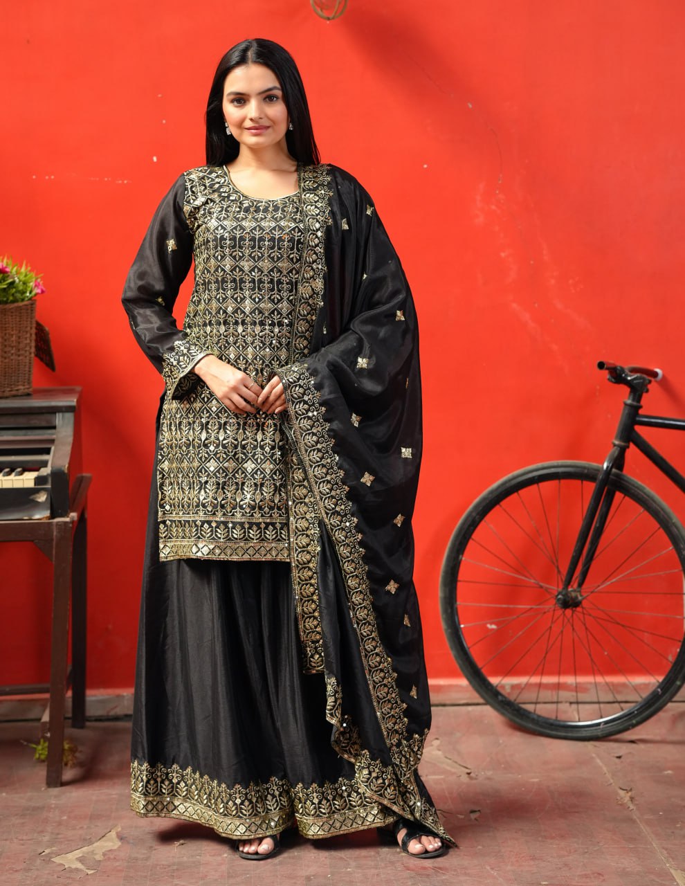 Chinon Embroidered Sharara Suit Set with Dupatta – Sequence Work Ethnic Wear for Women