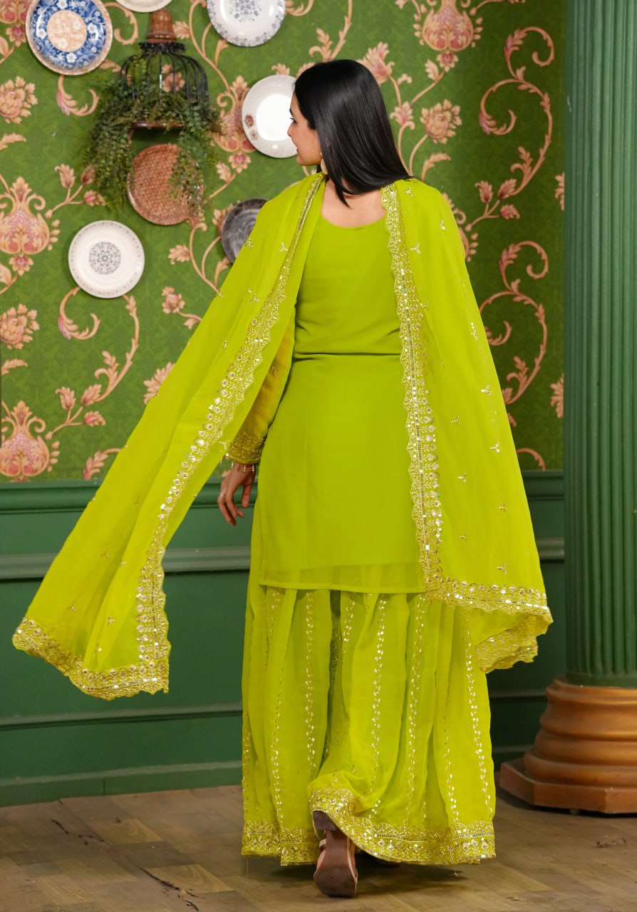 Georgette Embroidered Sharara Suit Set with Dupatta – Fully Stitched Partywear for Women