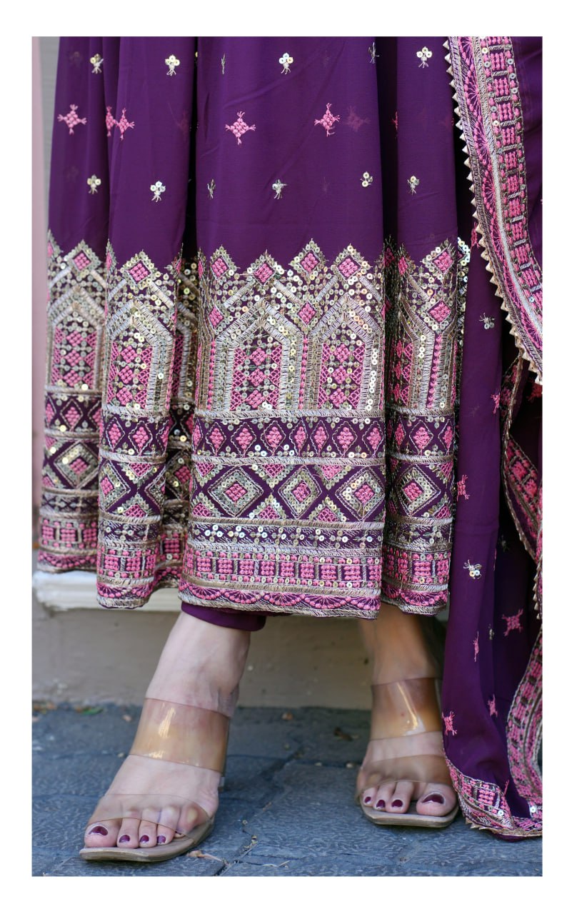 Fox Georgette Embroidered Gown Set with Dupatta – Elegant Fully Stitched Ethnic Wear for Women