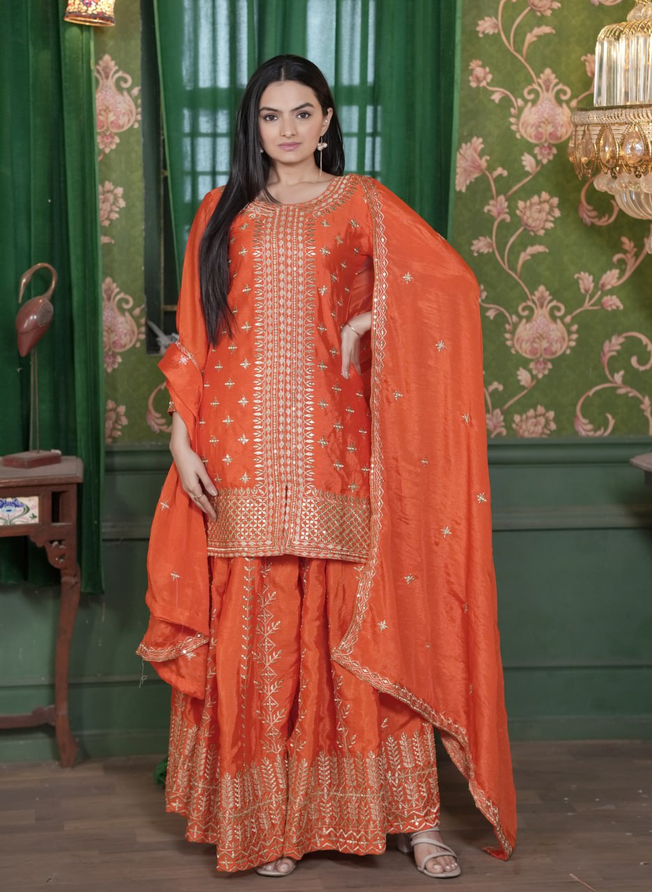 Chinon Embroidered Sharara Suit Set with Heavy Dupatta – Fully Stitched Festive & Party Wear for Women