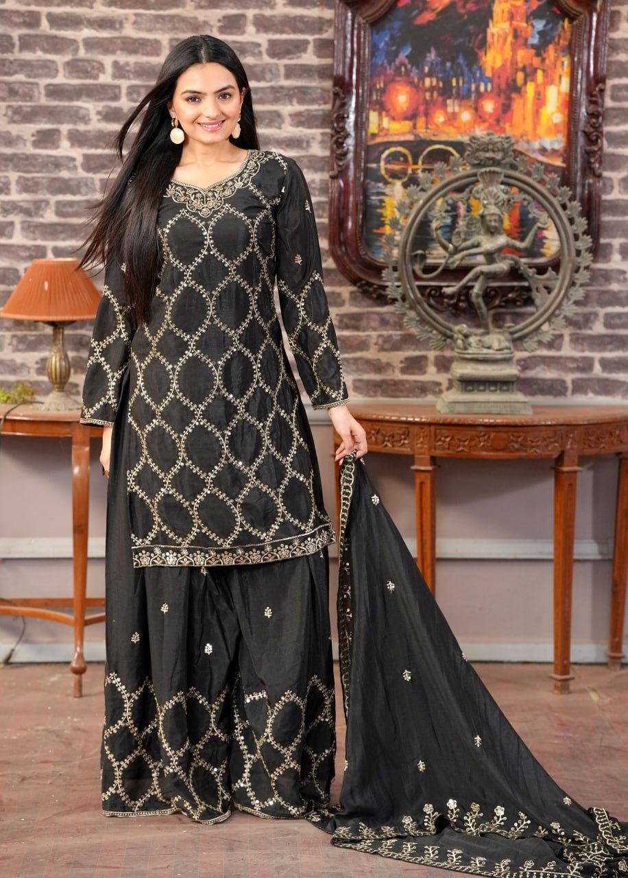 Chinon Embroidered Sharara Suit Set for Women - Traditional & Party Wear
