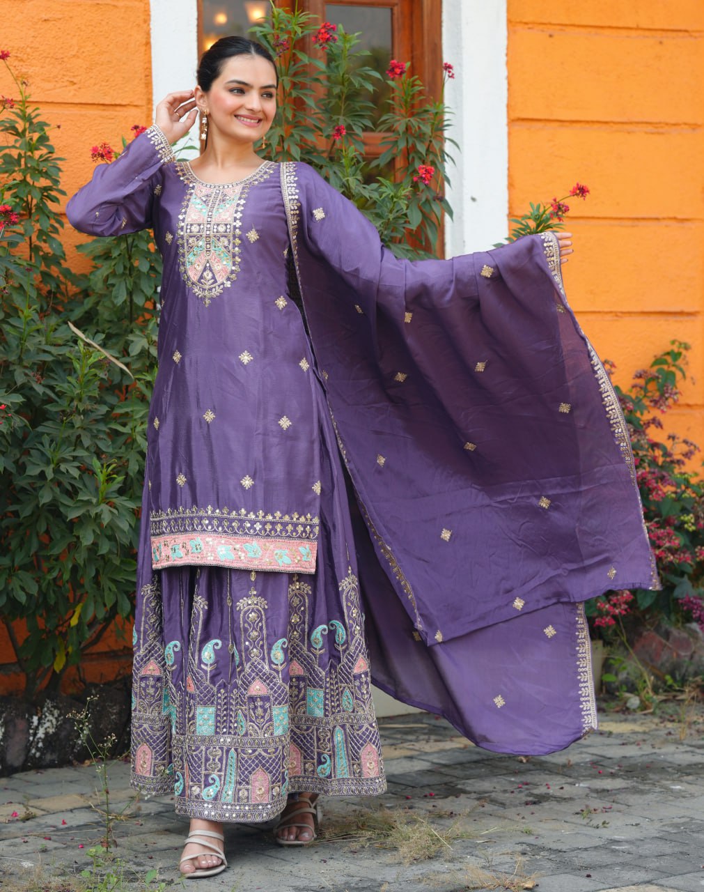 Chinon Coding Sequence Embroidered Sharara Suit Set for Women - Traditional & Wedding Wear