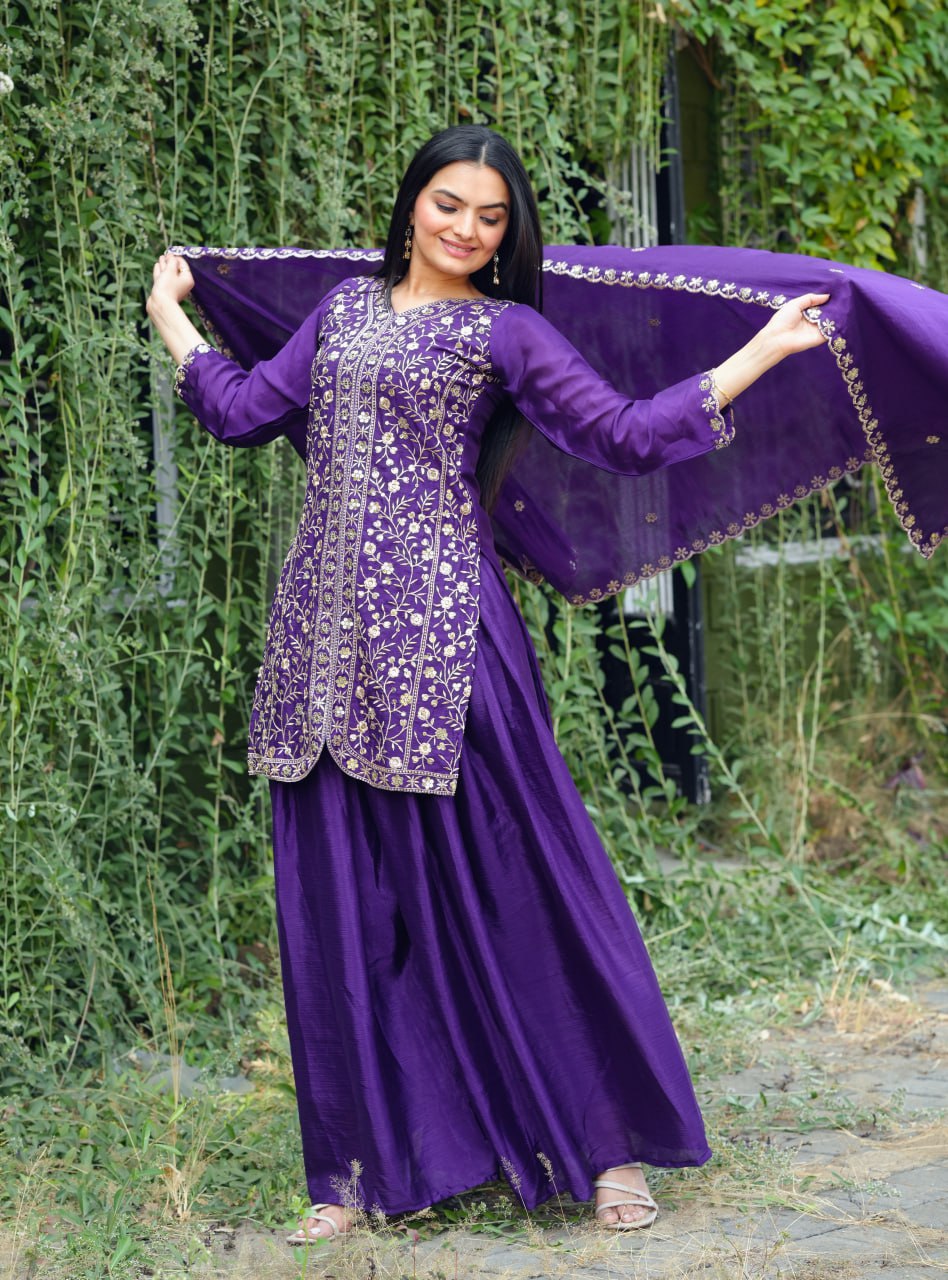 Chinon Sequence Embroidered Sharara Suit Set for Women - Traditional & Party Wear