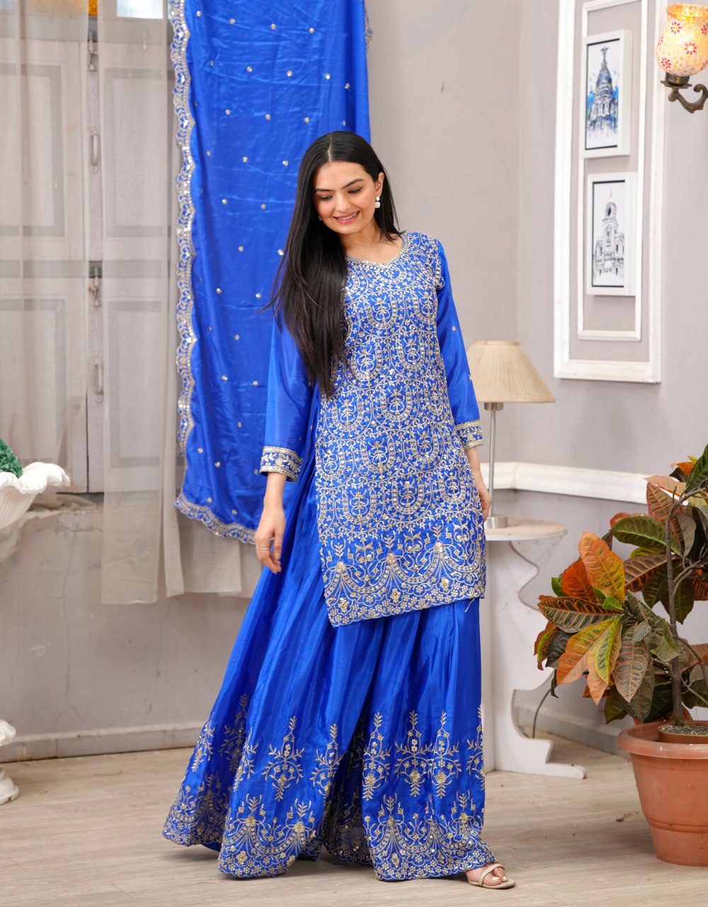 Chinon Sequence Embroidered Sharara Suit Set for Women - Traditional & Party Wear