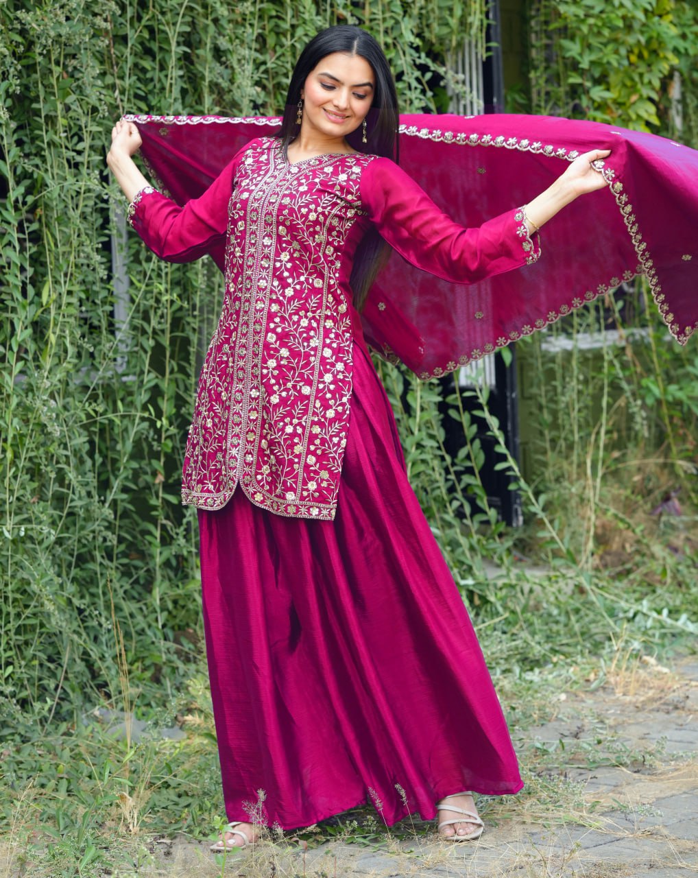 Chinon Sequence Embroidered Pink Sharara Suit Set for Women - Traditional & Party Wear