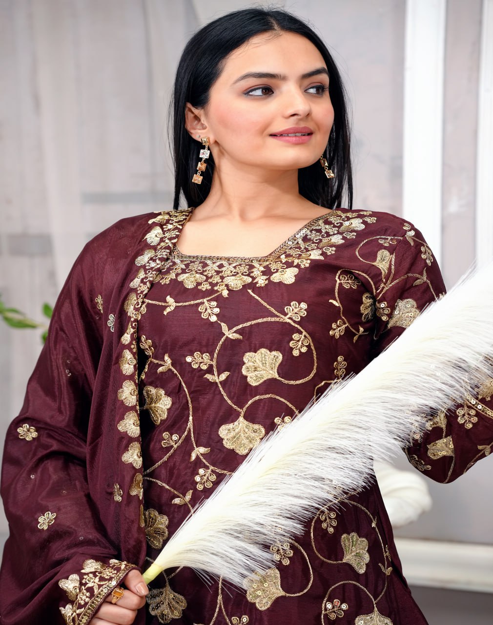 Chinon Embroidered Brown Sharara Set with Real Kodi Lace Border