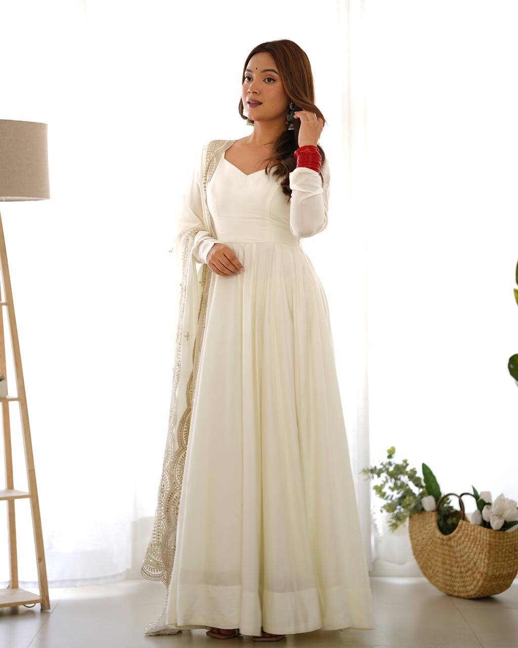 Elegant 16 Kali Romansilk Chanderi White Anarkali Set with Embroidery Dupatta