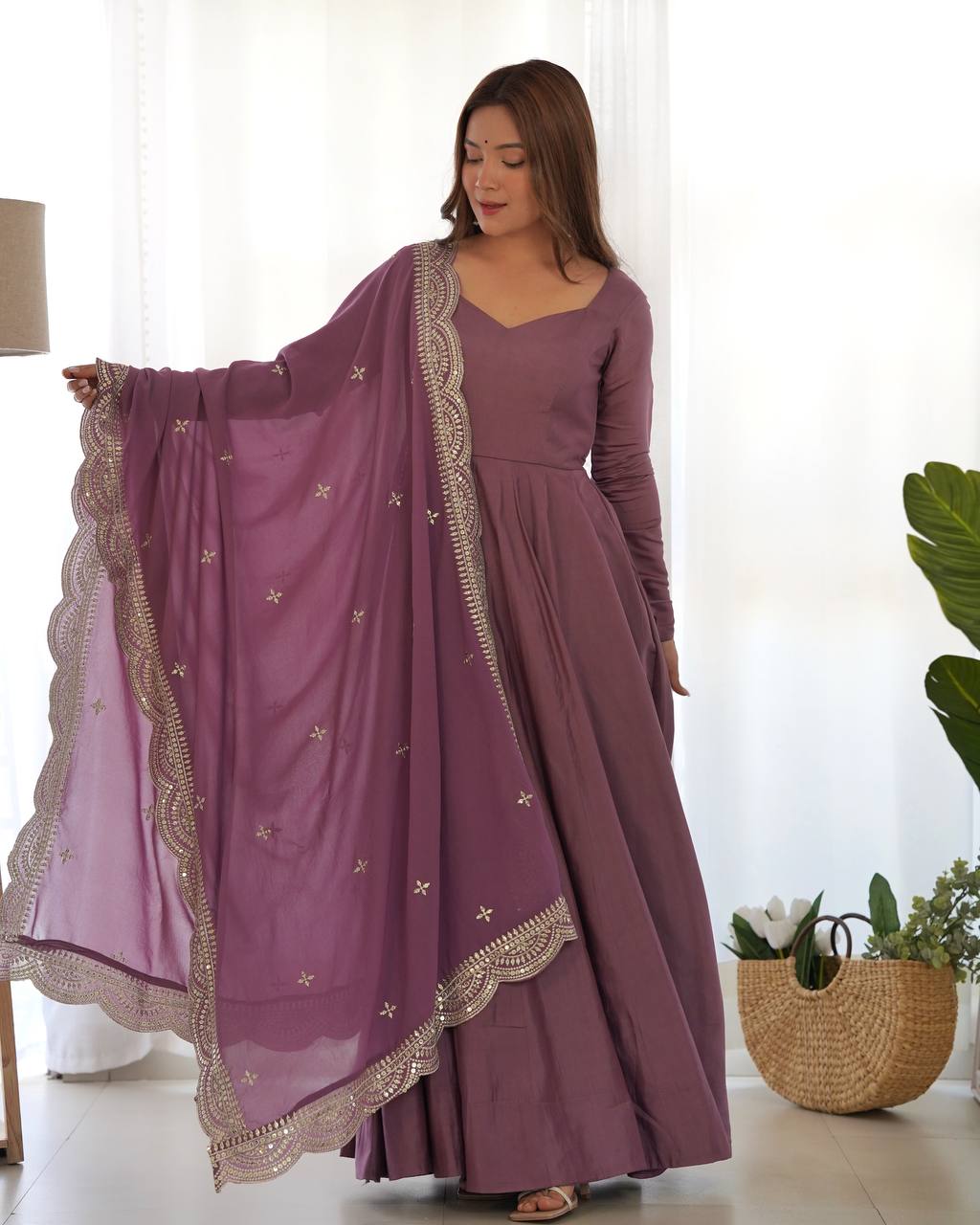 Elegant 16 Kali Romansilk Chanderi Lavender Anarkali Set with Embroidery Dupatta