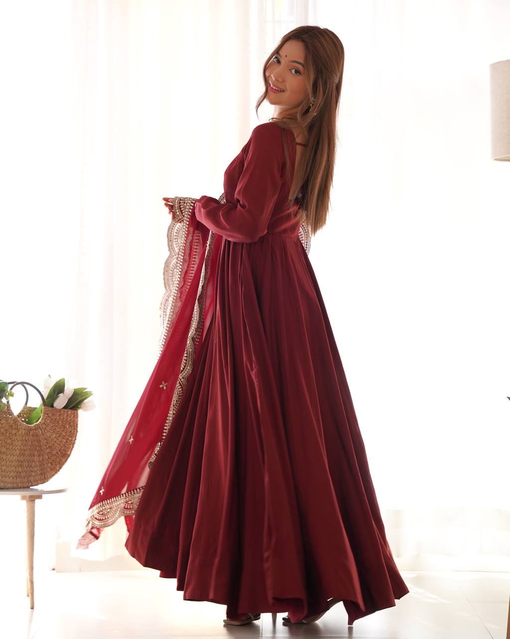 Elegant 16 Kali Romansilk Chanderi Maroon Anarkali Set with Embroidery Dupatta
