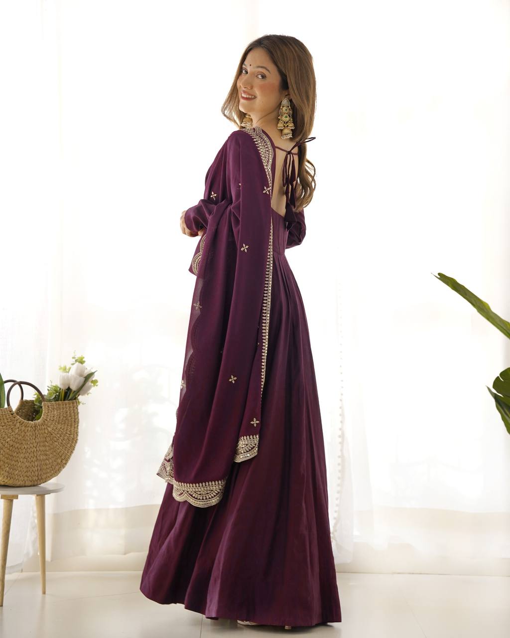 Elegant 16 Kali Romansilk Chanderi Wine Purple Anarkali Set with Embroidery Dupatta