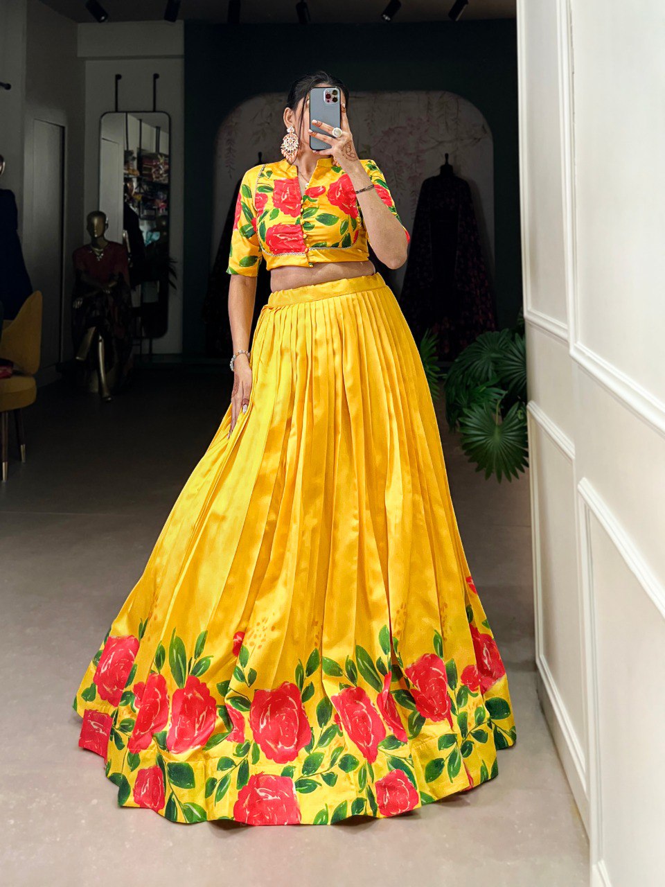 Elegant Tussar Silk Floral Print Yellow Lehenga with Lace Touch Blouse