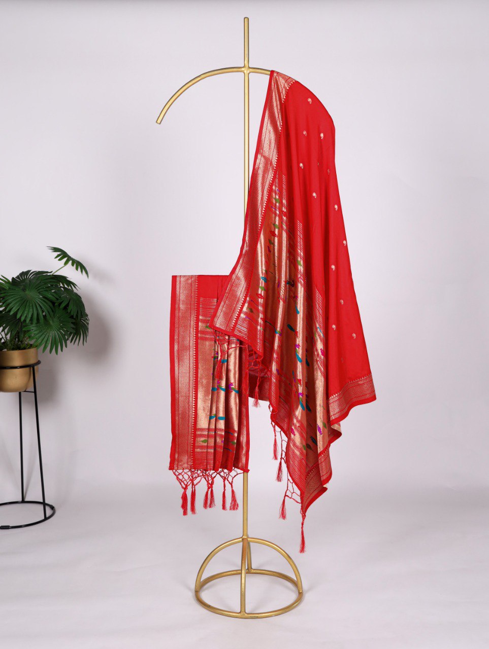 Elegant Jacquard Paithani Red Dupatta with Weaving Zari Work and Tassels
