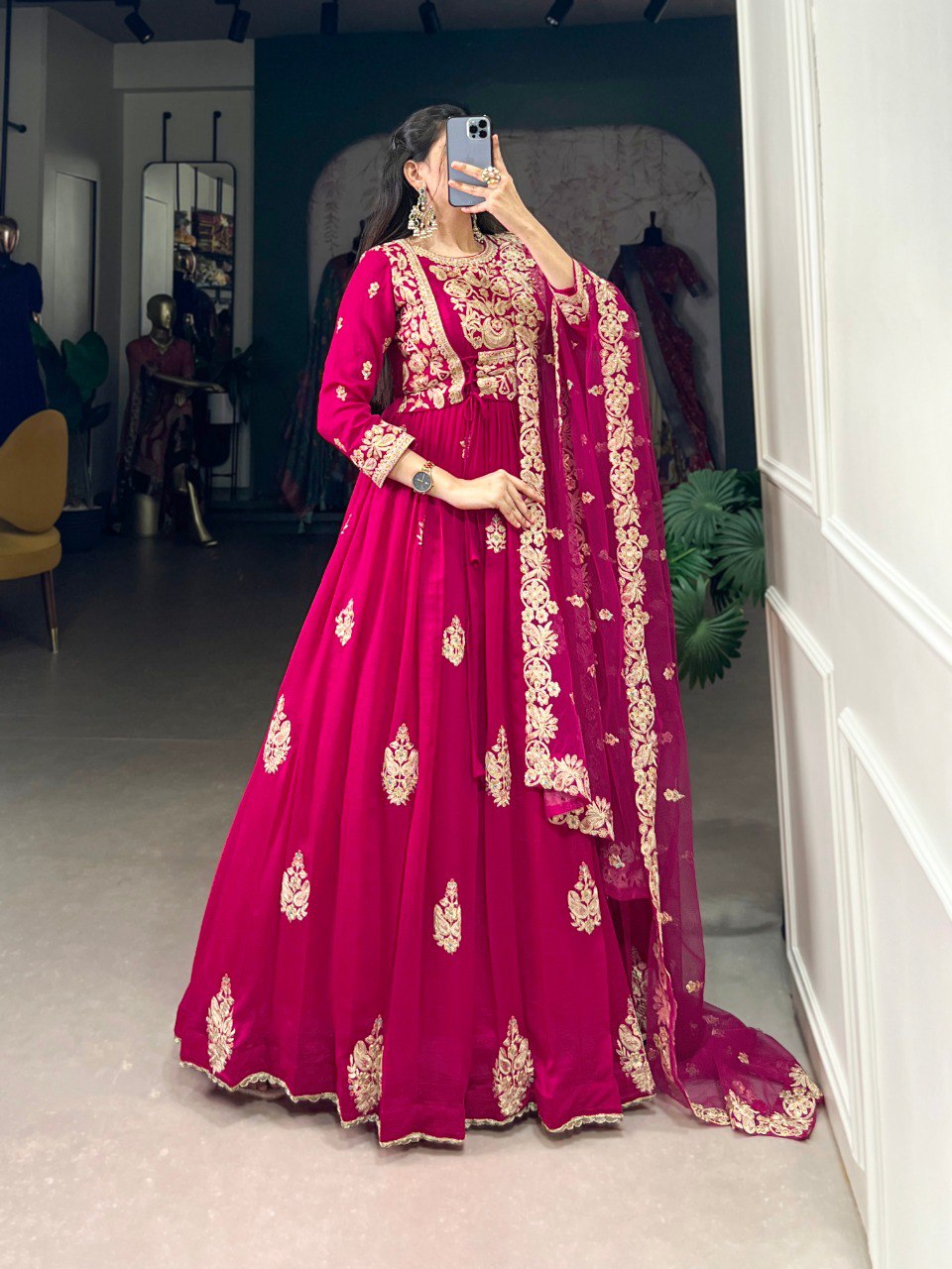 Elegant Vichitra Silk Gown with Net Dupatta - Sequins and Thread Embroidery