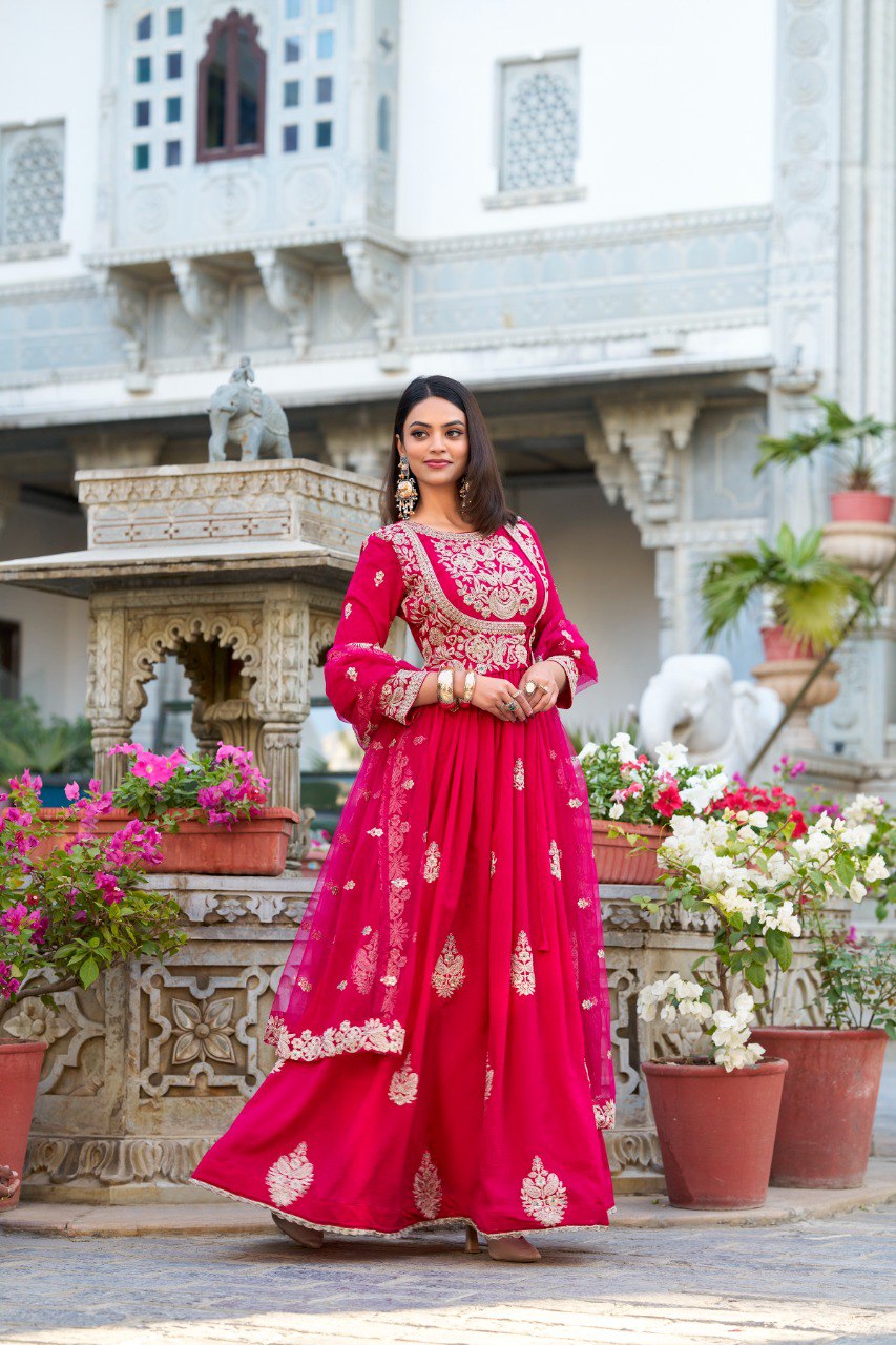 Elegant Vichitra Silk Gown with Net Dupatta - Sequins and Thread Embroidery