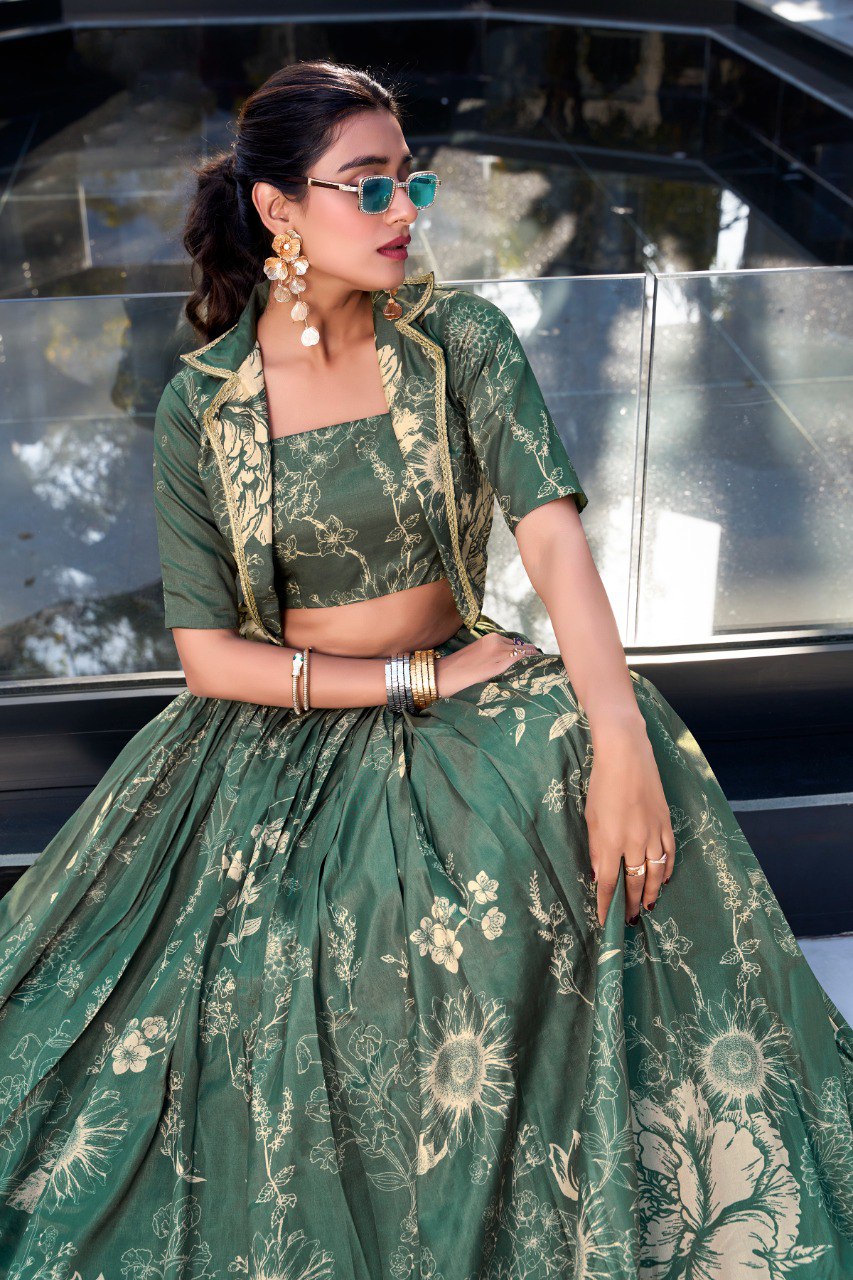 Elegant Tussar Silk Floral Printed Green Lehenga Set with Blouse and Koti