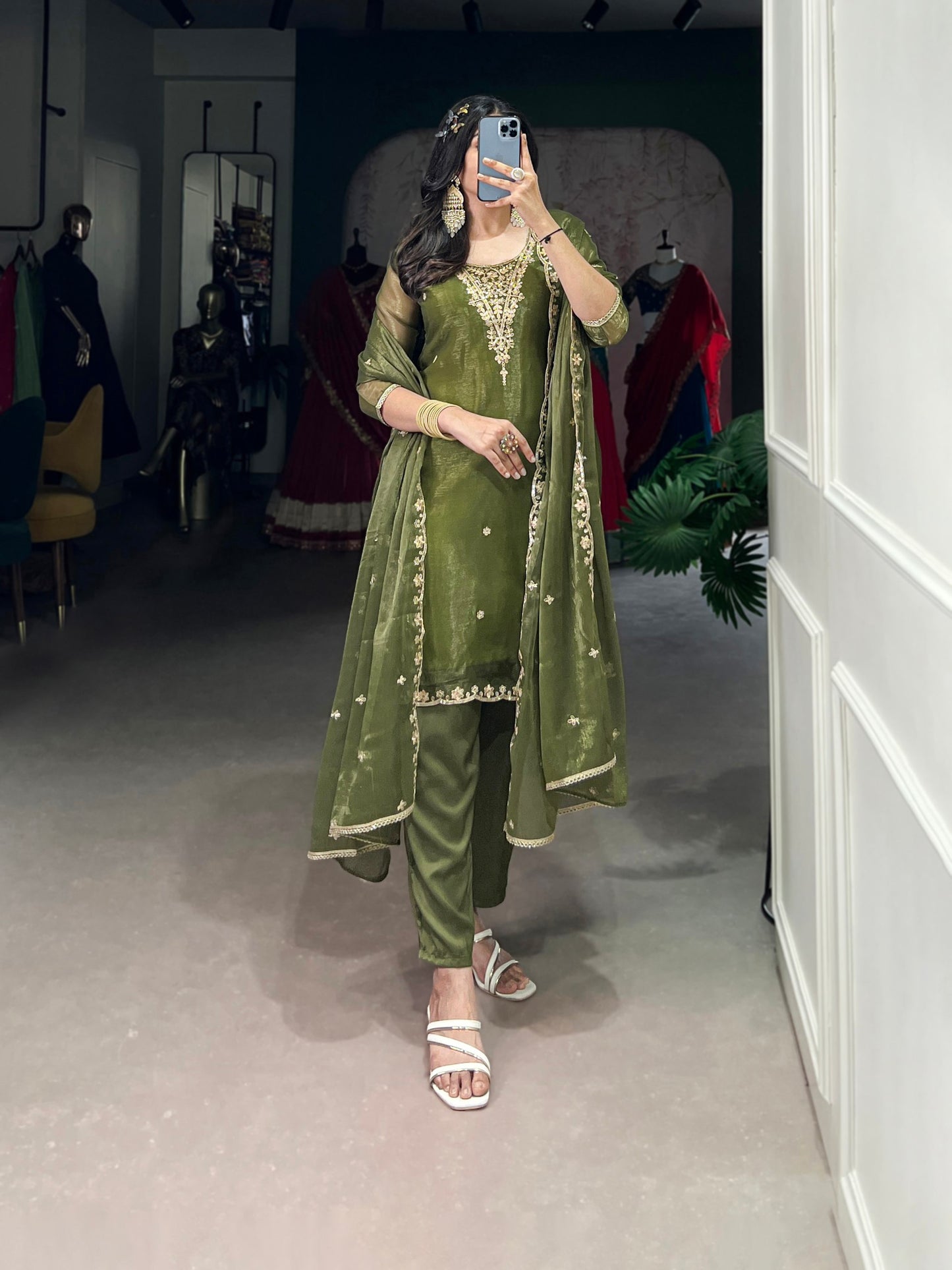 Elegant Gold Coin Fabric Embroidered Green Top and Bottom Set with Dupatta