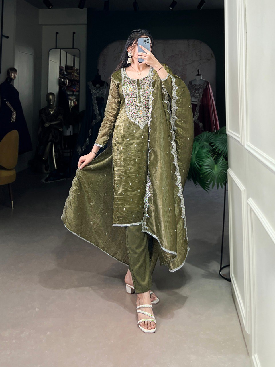 Elegant Gold Crush Fabric Embroidered Stitched Green Top Bottom Set with Dupatta