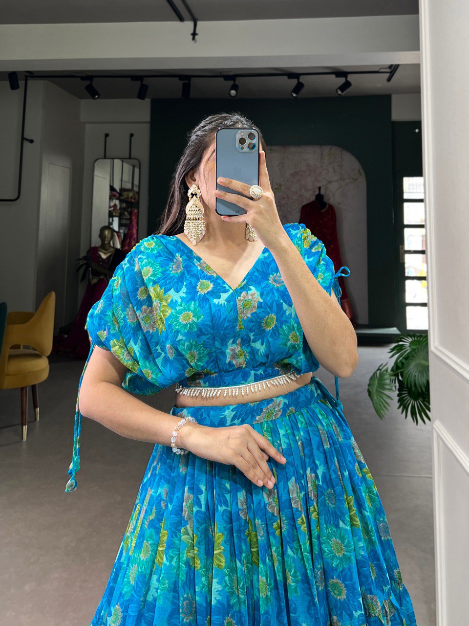 Elegant Floral Print Chiffon Sky Blue Lehenga Set for Women