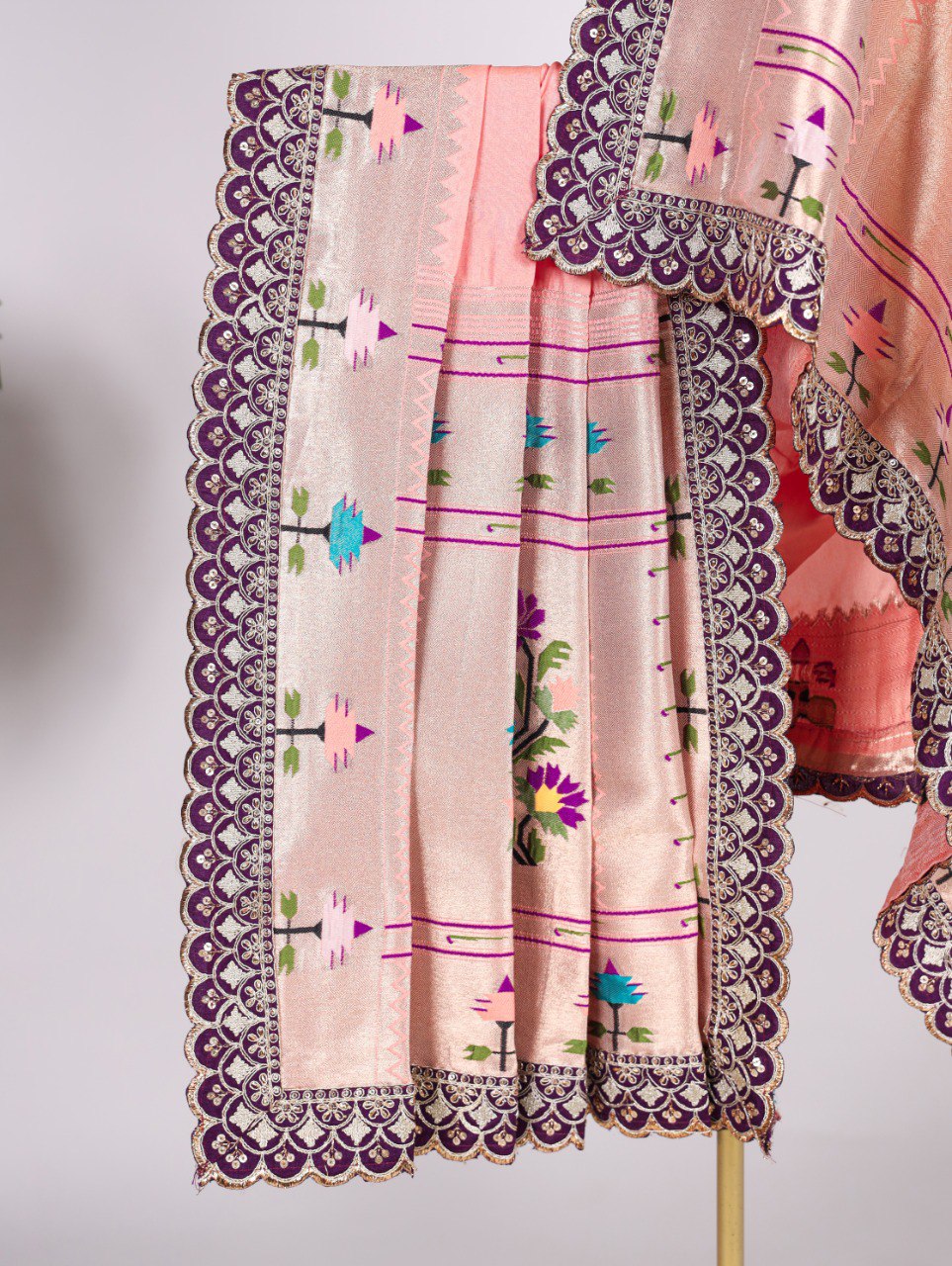 Premium Jacquard Silk Zari Weaving Peach Dupatta with Embroidery Lace Border