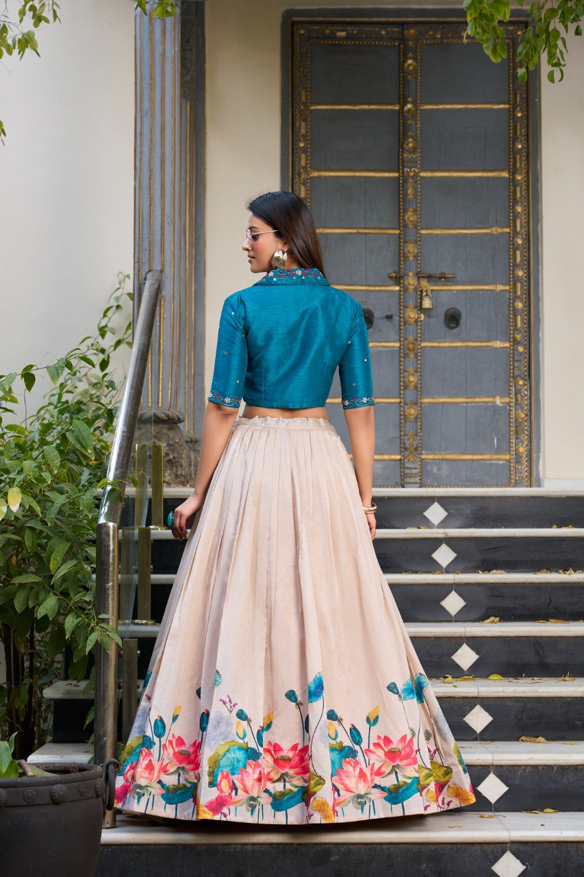 Elegant Tussar Silk Floral Print Lehenga with Handwork Mirror Blouse