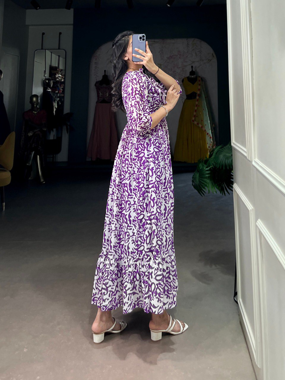 Elegant Georgette Printed Purple Frock with Full Flair and Lining