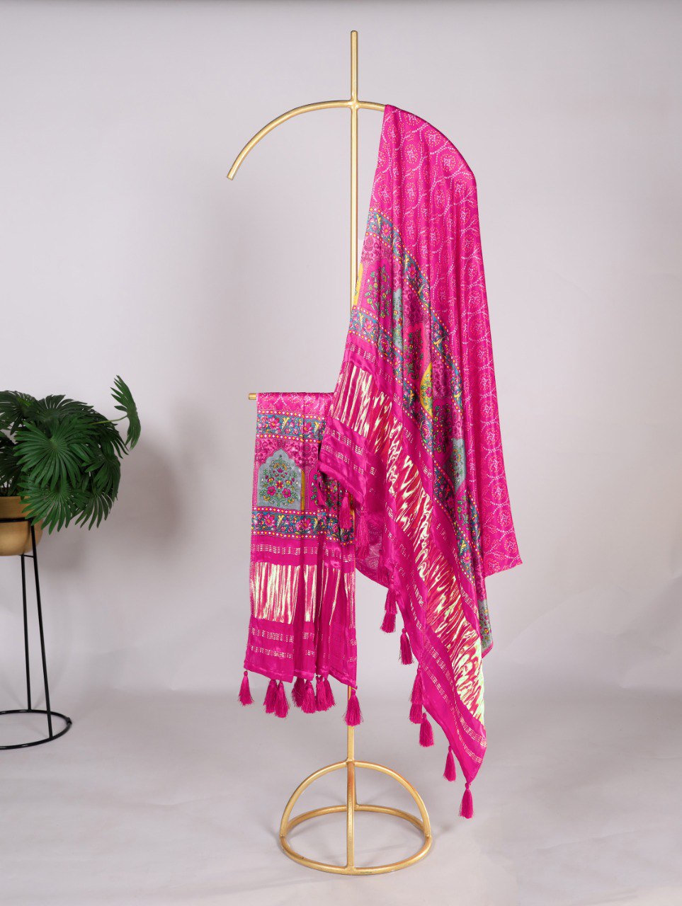 Pure Gaji Silk Digital Print Pink Dupatta with Tassels