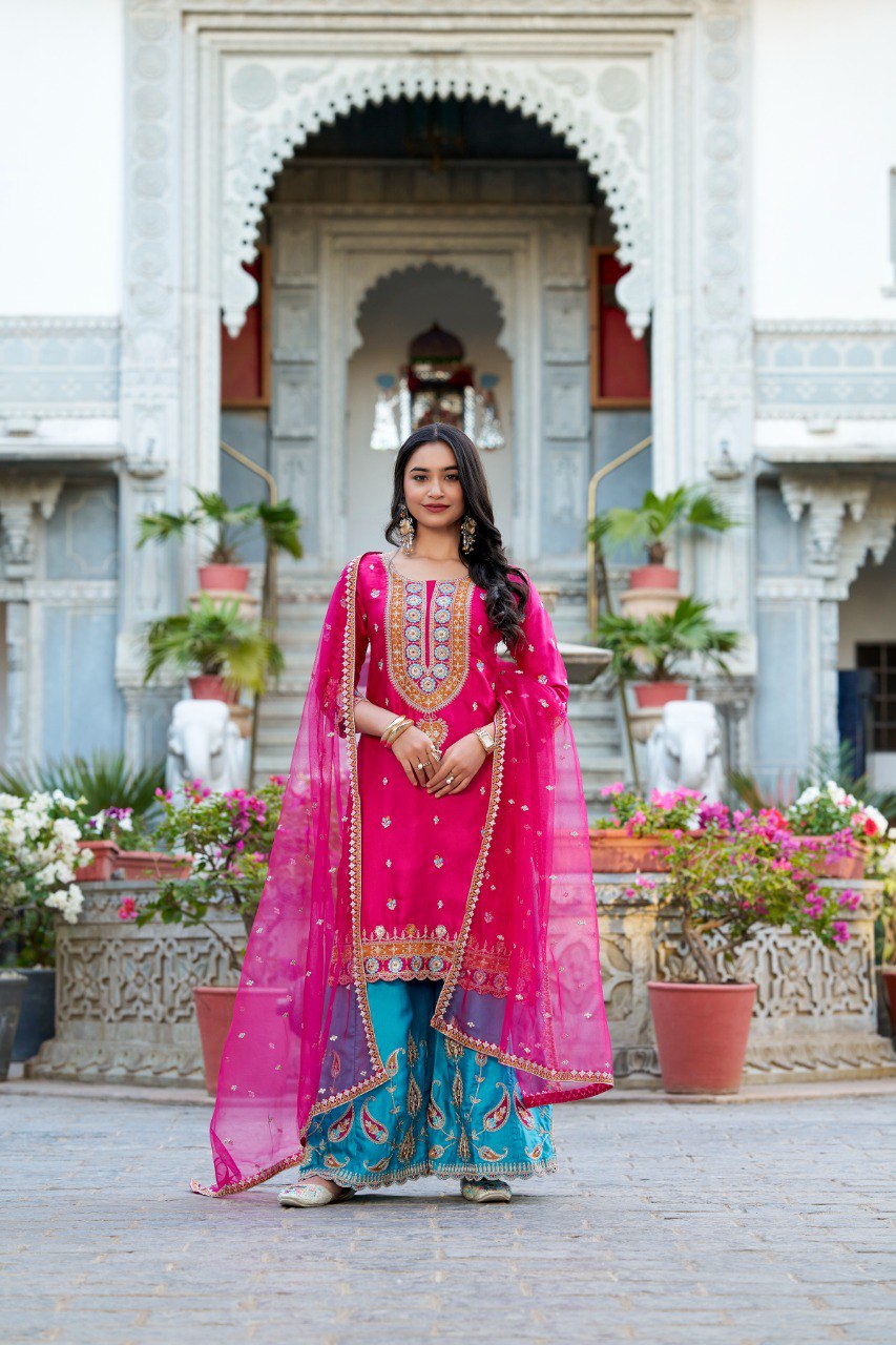 Sequins Thread Embroidered Silk Royal Style Sharara Set Of 3