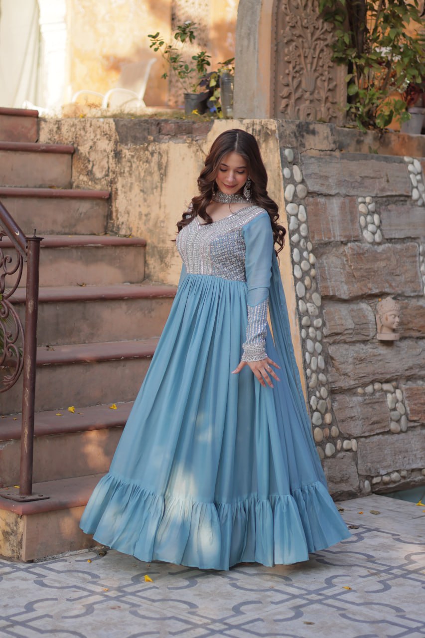 Star Georgette Embroidered Beads Sequins Work Blue Gown with Dupatta Set