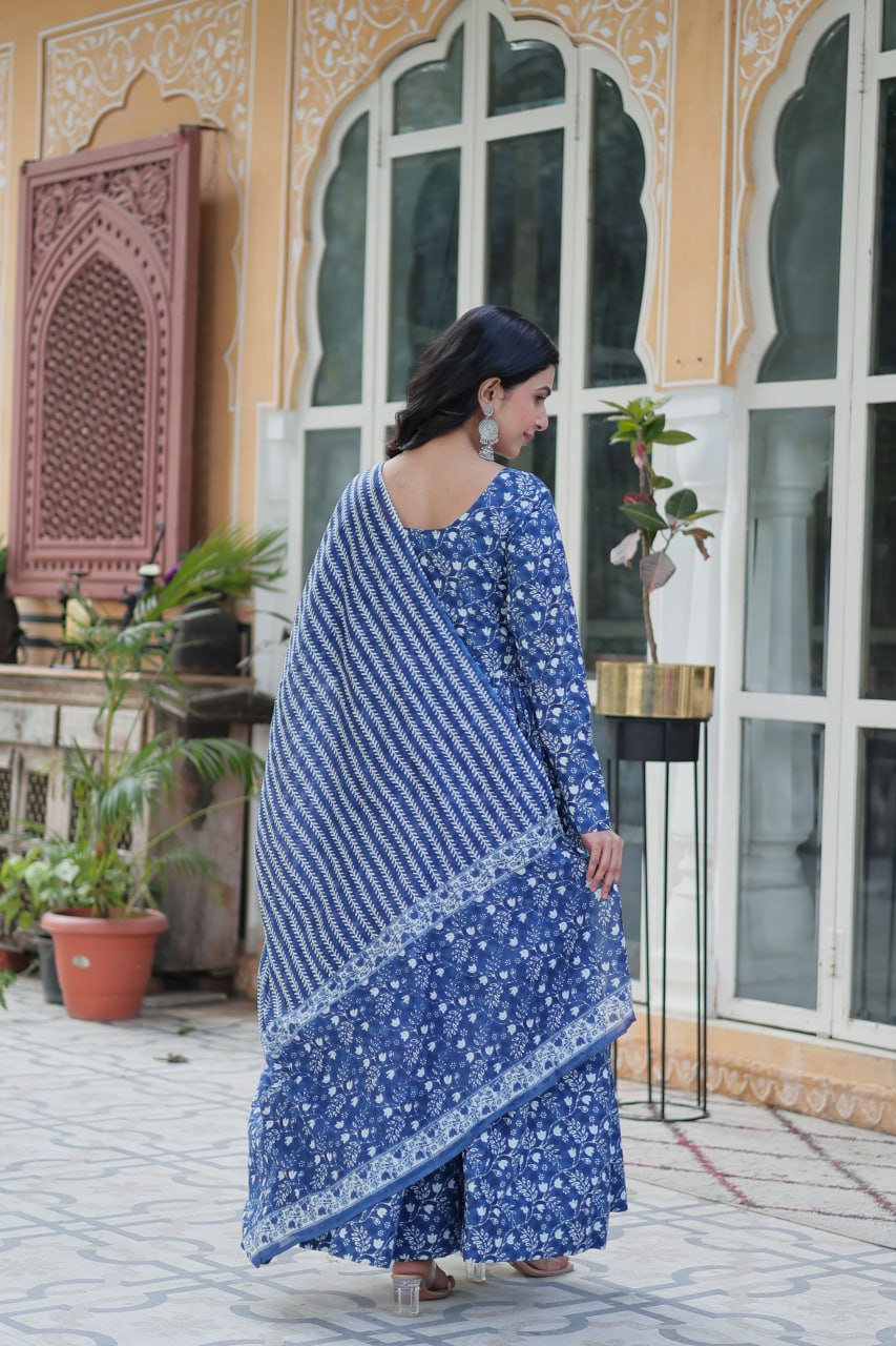 Pure Blue Cotton Long Kurta Set with Elastic Bottom and Dupatta
