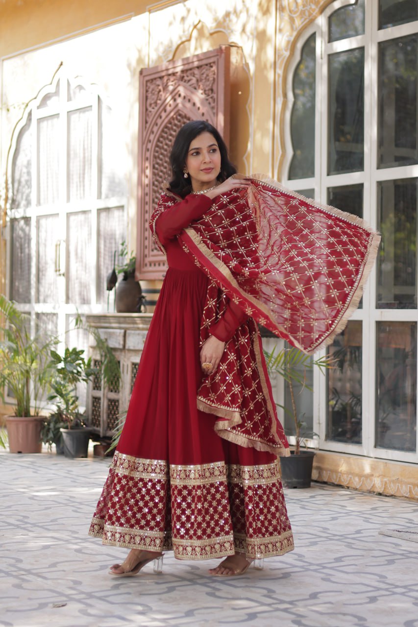 Faux Blooming Maroon Gown with Zari Sequins Embroidery and Designer Dupatta