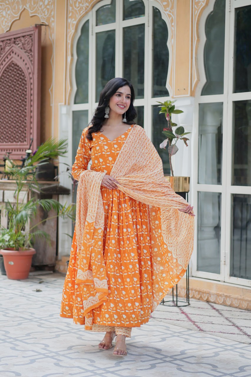 Pure Cotton Yellow Kurta Set with Fancy V Neck and Dupatta